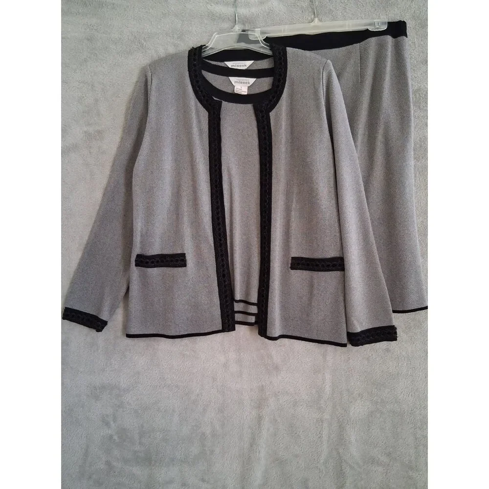 Misook 3 Piece Sz L Skirt Blazer Tank Knit Suit Gray Black Knee Length Career